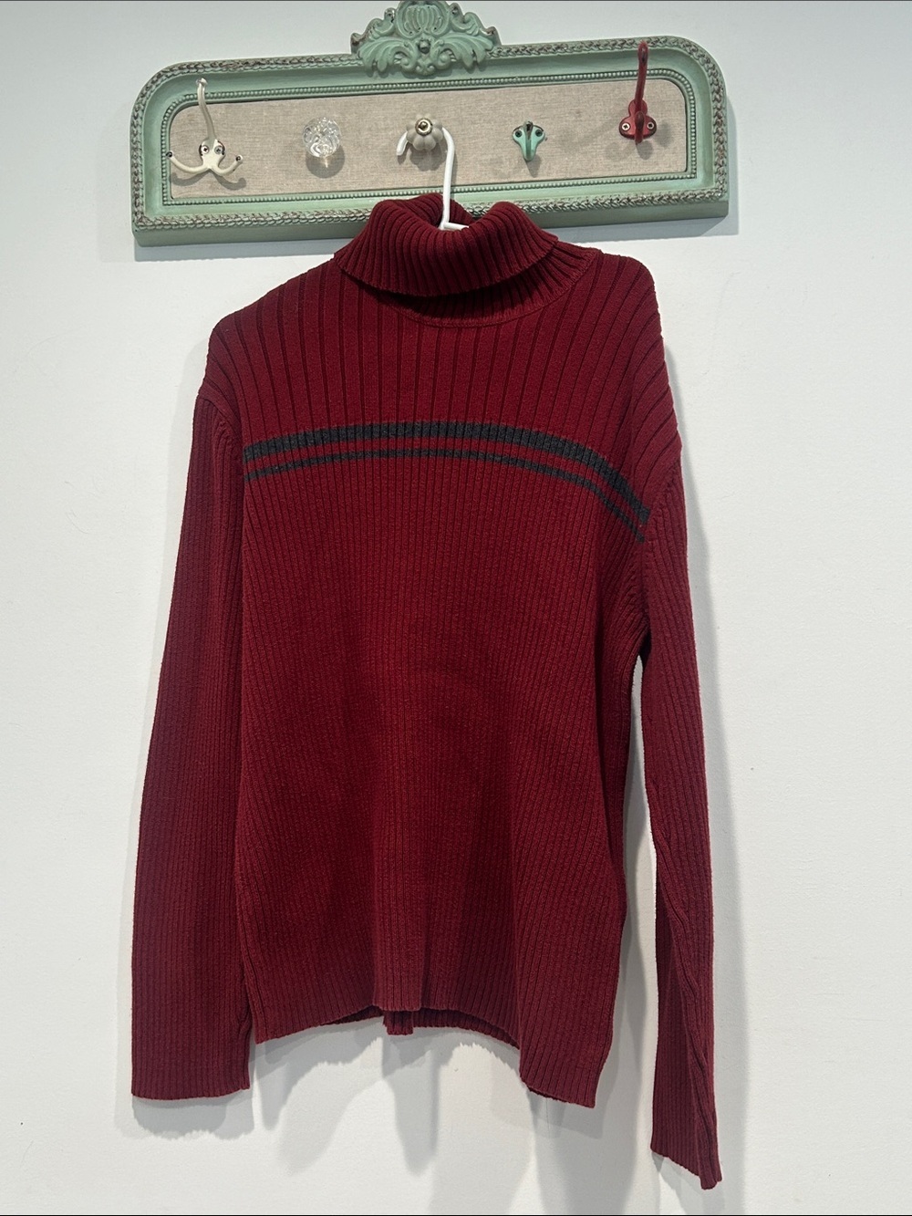 Vintage 2000s Calvin Klein Burgundy Ribbed Turtleneck Sweater grey Stripe xl men